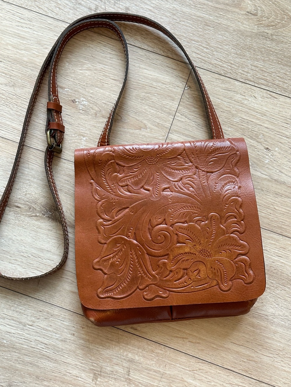 Patricia Nash Brown Tooled Leather Crossbody Bag